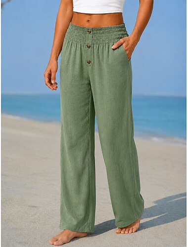  Dames Breed Been Linnen broek Chinese Zomerbroek Vakantie Streetwear Basic Volledige lengte Middelhoge taille Effen Zak Elastische taille Comfortabel Comfort Micro-elastisch Buiten Vakantie Straat