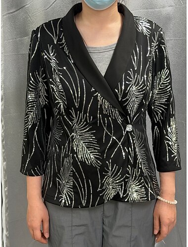  Damen Bluse Wickeloberteile Blazer Pailletten Feder Elegant 3/4 Ärmel Revers Normale Oberteile Party Party-Outfits Mutter der Braut Schwarz Herbst Winter