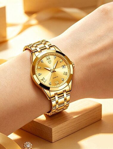  Montre femme en or, montre-bracelet à quartz de luxe avec affichage de la date, bracelet à maillons en acier inoxydable, élégant cadran à chiffres romains orné de cristaux, montre élégante à offrir.