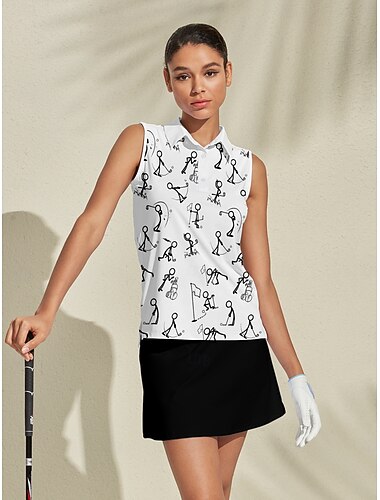  Mulheres Camisa polo de caminhada Preto Branco Sem Manga Blusas Desenho Animado Roupas femininas de golfe, roupas, roupas, roupas