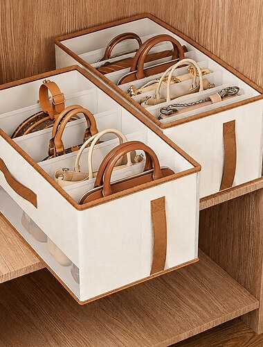  2 scatole pieghevoli per borse con divisori, contenitori organizer per armadio in tessuto non tessuto, porta borse multi-scomparto con finestra trasparente per armadio, scaffale della camera da letto,