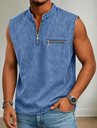  Herren Tank Top Weste Unterhemd Ärmelloses Shirt Ärmellos Stehkragen Viertelreißverschluss Sommer Einfach Mode Designer Basic Reißverschluss Tasche Lässig Urlaub Straße Blau Rosa Purpur Top T-Shirt