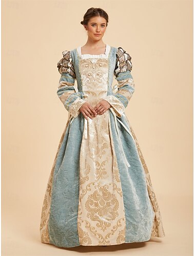  Rétro Vintage Médiéval Renaissance Longueur au sol Robe Manches longues Princesse Borgia Noble Jacquard À lacets Col carré Déguisement Femmes Royal Halloween Carnaval Foire de la Renaissance LARP