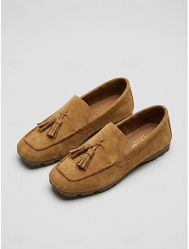  Kamelfarbene Damen-Slipper aus Wildlederimitat mit Quasten – klassische Mokassins mit eckiger Zehenpartie, flexibler Komfortsohle, leichte flache Schuhe für Freizeit, Beruf, Reisen und Alltag