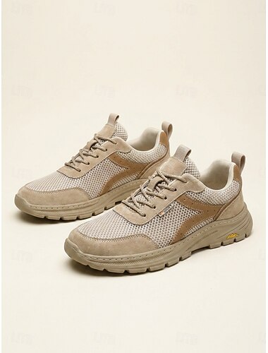  Baskets beiges de trail pour homme, idéales pour les festivals de musique. Chaussures de marche lacées, légères et antidérapantes, parfaites pour les concerts, le camping et les voyages.