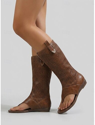  Vintage bruine geperforeerde gladiatorlaarzen voor dames - platte teensandalen met uitsparingen voor zomerse muziekfestivals in de buitenlucht &boho rave