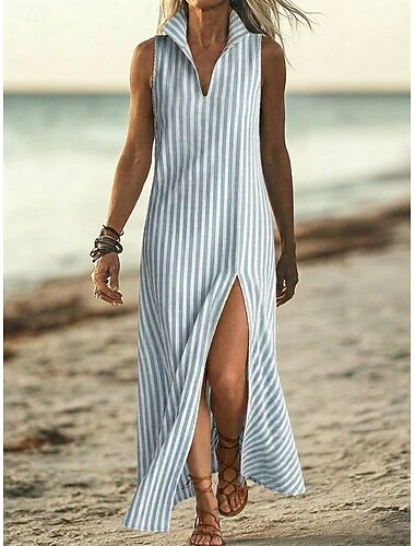  Per donna Abito maxi Vestito Casual Abito a righe Elegante Moda Quotidiano Vacanza Vestibilità comoda A righe Senza Maniche Collo alla coreana Blu Rosa Verde Estate Primavera