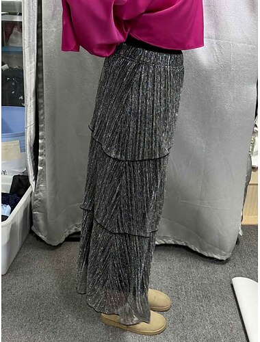  Per donna gonna in chiffon Gonna da vacanza Elegante Maxi Misura del girovita medio Gonne Pieghettato Stratificato Elasticizzato Quotidiano Ospite di matrimonio Argento Primavera, Autunno, Inverno