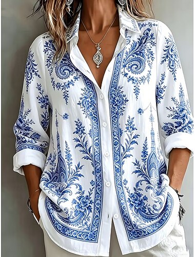  Per donna Camicia Patchwork Bottoni Stampato Grafico Geometrico Vintage Casual Manica Lunga Colletto a Camicia Top Regolari Casuale Quotidiano Blu Giallo Arcobaleno Estate Primavera