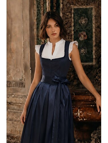  Oktoberfest Dirndl-Kleid Midi-Länge Schürze in Satinoptik Mit Taschen Balconette-Ausschnitt Dienstmädchen Bayerisch Deutsch alpin Wiesn Damen Karneval Bier Festival Stoff im traditionellen Stil Ohne