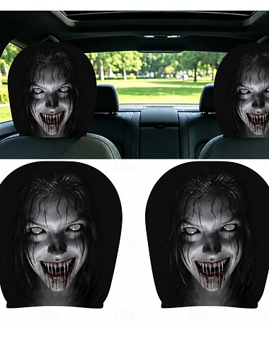  2/4 Stück Geistergesicht-Kopfstützenbezüge für Autos, Halloween-Horror-Kopfstützenschutz für Autositze, dehnbare universelle Auto-Innenausstattung für SUV, LKW und Van, gruseliges