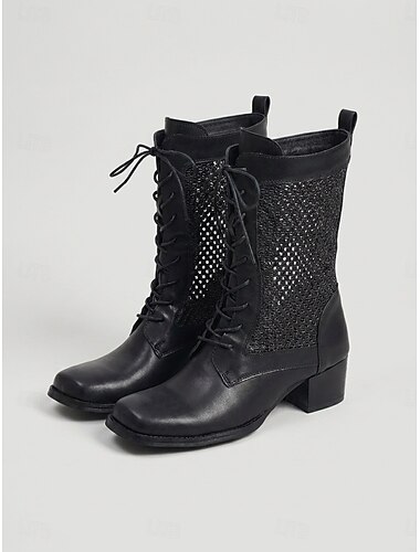  Botas de combate negras transpirables de media caña para mujer: botas de verano con cordones, punta cuadrada, paneles de malla tejida y tacón bajo de bloque para viajes, festivales y uso diario.