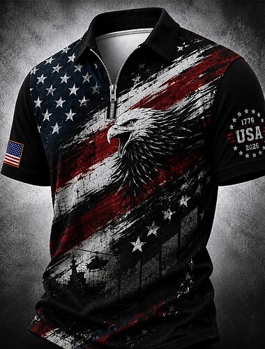  4 luglio 2026 250° Per uomo Bandiera Americana Polo Polo con zip Manica Corta Collo ripiegato Casual / Sportivo Casuale Quotidiano Sport & Outdoor Stampa 3D Estate Primavera Nero 4 Nero 1 Nero 3