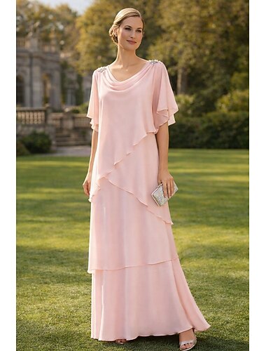  Ligne A Longueur au sol Robe d'invité de mariage Robe à Volants Robe de soirée Robe de Mère de Mariée  Manche Courte Col Bénitier Élégant Formel robe demoiselle d honneur Semi-Formel Chiffon avec