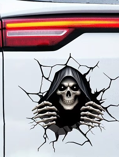  Halloween 3D auto muursticker met gebroken muureffect, horror schedel die uit een barst gluurt, dubbelzijdige optische illusie PVC zelfklevende sticker voor auto, laptop, muur en decoratie van oneffen