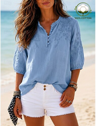  Dames 100% Katoen Button-down overhemd Textuur Geborduurd Knop Vintage V-hals Lange tops Casual geel groen Blozend Roze Koningsblauw Paars Zomer Lente