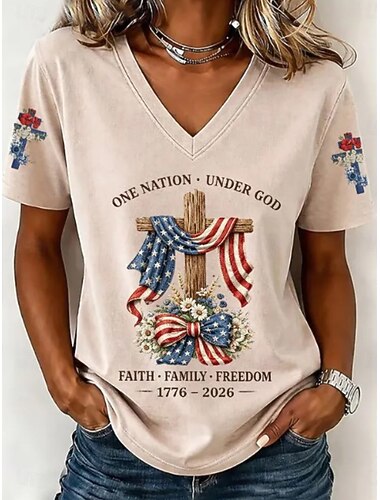  Amerikaanse onafhankelijkheidsdag Dames T-shirt Afdrukken Grafisch Vlag Brief Vintage Stijlvol Klassiek Korte mouw V-hals Lange tops Casual Dagelijks blauw Licht beige Rood Zomer Lente