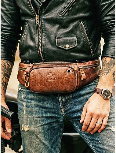  Riñonera bandolera de cuero genuino para hombre, color negro, marrón y café, bolso de pecho de gran capacidad con múltiples bolsillos y correa ajustable para viajes y uso diario informal.