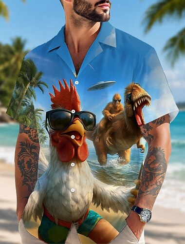  Voor heren dier Haan Overhemd Overhemd met knopen Kampshirt Korte mouw Grappig Dagelijks Feestdagen Zomer Lente Cubaanse kraag 3D-afdrukken blauw Licht Blauw