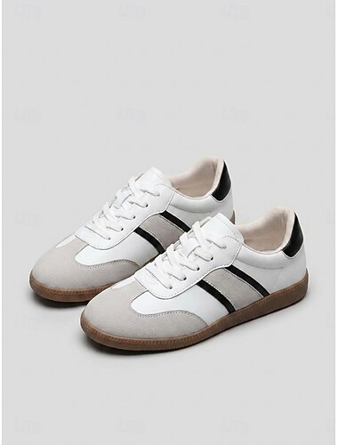  Women's Retro Court Sneakers with Contrast Stripe Design -Comfortable Lace-Up Casual Walking Shoes, Non-Slip Gum Sole Trainers for Travel, Shopping, Daily Walking and Everyday Wear