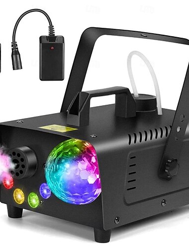 Machine à fumée spéciale Halloween avec lumières LED 3 couleurs et effet disco, télécommande sans fil, puissance de 600 W et débit de fumée de 2300 cfm, idéale pour les festivals, les fêtes, les clubs