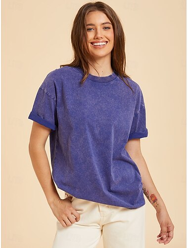 Naisten 100% Cotton T-paita Puuvillainen paita Vintage-pestyt topit Tavallinen Vintage Muoti Tyylikäs Lyhythihainen Pyöreä kaula-aukko Pitkät topit Päivittäin Bile Viikonloppu Sininen Musta Vaalean