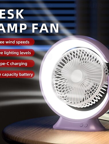  Ventilador de escritorio pequeño con luz LED, ventilador de mesa portátil recargable 2 en 1, 3 velocidades. &3 niveles de brillo, carga USB tipo C, ventilador silencioso para refrigeración personal,