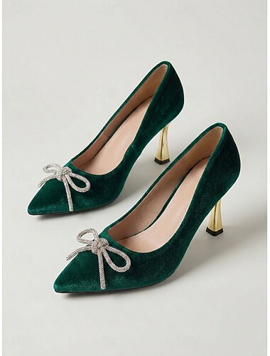  Décolleté da donna in velluto verde smeraldo, eleganti scarpe con tacco alto a punta e fiocco di strass, perfette per cene serali, cocktail party e matrimoni. &eventi formali