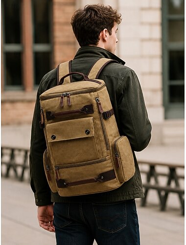 Zaino vintage in tela da uomo per laptop borsa per viaggi di lavoro e college di grande capacità e multi tasche per escursioni e weekend