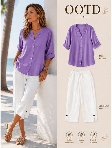  Dames linnen shorts, capri broek, zomer shorts, casual, kuitlengte, naturel, effen, met zakken, elastisch trekkoord, comfortabel, voor buiten, uitgaan, lichtroze, oranje, rood, wit, roze, zomer