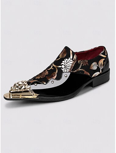  Mocassini da uomo neri in pelle verniciata con motivo floreale e punta metallica, scarpe eleganti formali per matrimoni, feste, balli e serate di gala.