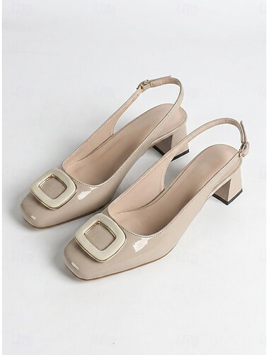  Women's Beige Slingback Pumps - Patent Leather Square Toe Buckle Block Heels for Office Work, Business Meeting, Daily Commuting