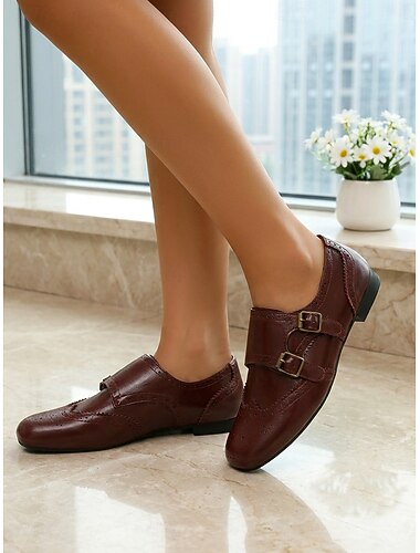  Damen-Monk-Schuhe aus burgunderrotem Kunstleder – flache Brogue-Schuhe mit doppelter Schnalle für taillierte Blazer und Bürokleidung