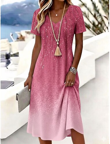 Damen Midikleid T-Shirt-Kleid A Linie Kleid Urlaub Lässig Boho Strand Normale Passform Ombre Grafik Kurzarm V Ausschnitt Blau Rosa Purpur Sommer Frühling