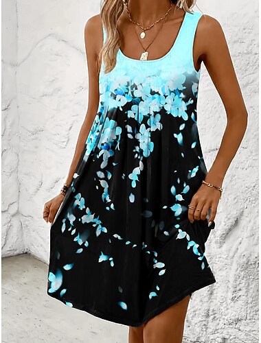  Damen Minikleid A Linie Kleid Urlaub Lässig Strand Normale Passform Ombre Blumen Grafik Ärmellos U-Ausschnitt Blau Rosa Purpur Grün Sommer Frühling