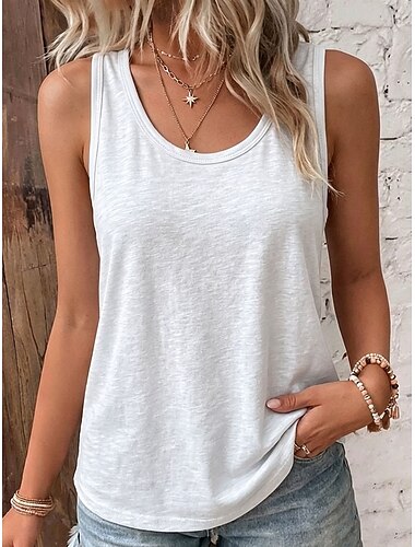  Mulheres Camiseta Tanque T-shirt Côr Sólida Moda Casual Sem Manga Decote U Tops regulares Casual Azul Branco Verão Primavera