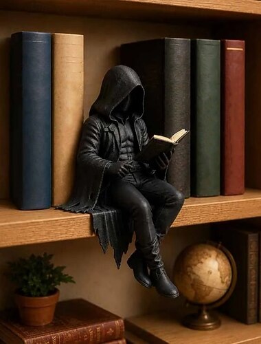  Halloween gotisk mörk fantasifigur, läsande Liemannen hyllsitterstaty, bokälskare i hartsskelett, gotisk bokhylledekor för hem, kontor, bibliotek