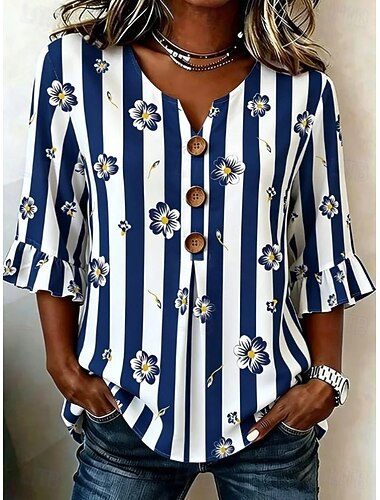 Dames Overhemd Knop Afdrukken Bloemig Grafisch Vintage Stijlvol 3/4 mouw V-hals Normale tops Casual Dagelijks Feestdagen blauw Wit Zomer Lente