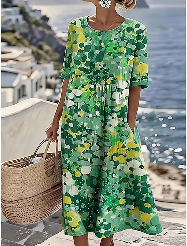  Damen Midikleid Sommerkleid A Linie Kleid Figurbetontes Kleid Urlaub Party Lässig Täglich Büro Strand Lässiger Schnitt Grafik Abstrakt Halbarm Rundhalsausschnitt Blau Rote Grün Sommer Frühling Herbst
