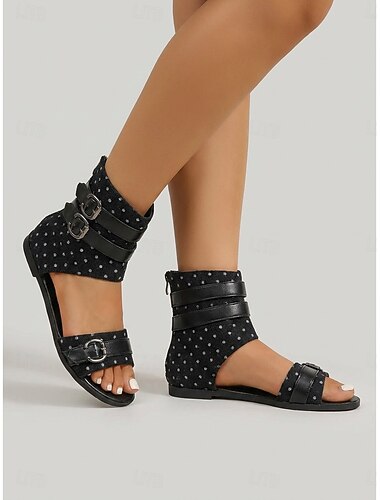  Damessandalen met zwarte stippen en festivaldesign - platte boho rock sandalen met open teen en enkelbandje en dubbele gesp voor Coachella rave &buitenfeest