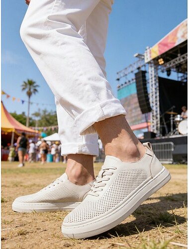  herrskor med stickning i beige för musikfestivaler, andningsbara promenadskor med snörning, lätta komfortskor för konserter, resor, vardagsbruk