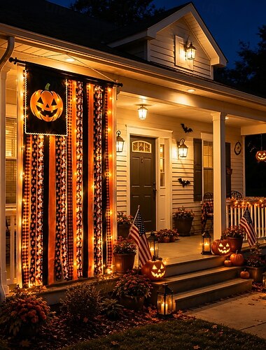  baner na Halloween, podświetlana dynia, wstążka z materiału, girlanda, serpentyny, upiorne dekoracje wiszące na Halloween, flaga na drzwi wejściowe, ściana, wystrój na werandzie, ze światłem/bez