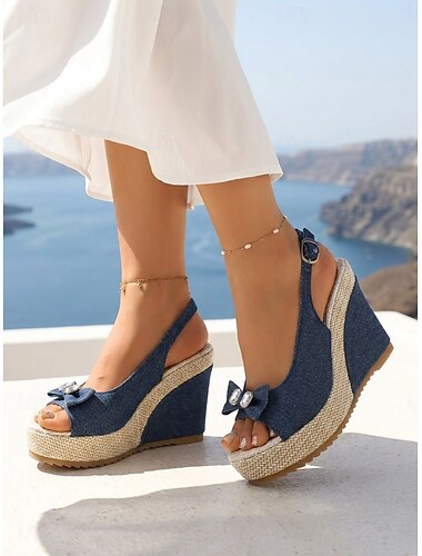  Espadrilles met sleehak voor dames - blauwe denim platformschoenen met strass-strik en open neus, perfect voor strandvakanties en eilandreizen.