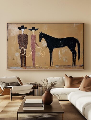  Dipinto a olio fatto a mano su tela, decorazione murale con figura retrò e cavallo per arredamento domestico, arrotolato senza cornice, non intelaiato.