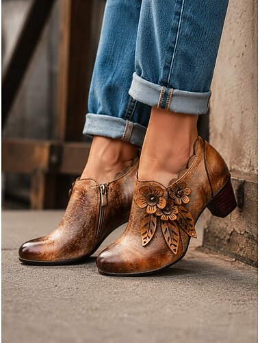  Botines de piel vintage para mujer, botines con tacón bajo y grueso, estampado floral y cremallera, ideales para el día a día en otoño e invierno.