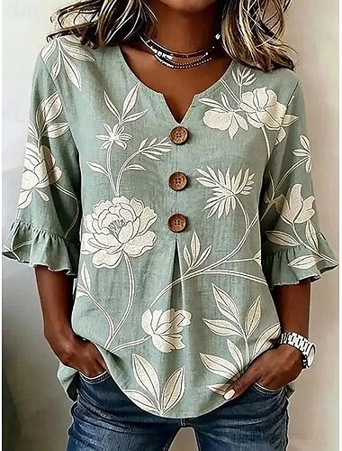  Mulheres Camisa Social Patchwork Botões Imprimir Âmbar Floral Gráfico Vintage à moda Manga Curta Manga 3/4 Meia Manga Decote V Tops longos Casual Diário Feriado Azul Cáqui Verde Escuro Verde Verão