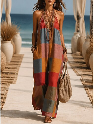  Dames jumpsuit in boho-stijl met kleurrijke ruitprint, mouwloos, wijde pijpen, halternek, patchwork, losse pasvorm, rood, zomer