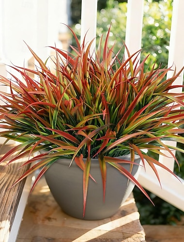  12 piante finte da esterno, erba artificiale in plastica, decorazione primaverile, resistenti ai raggi UV, steli di verde finto, cespugli, piante finte per vasi, patio, veranda, davanzale, vialetto,