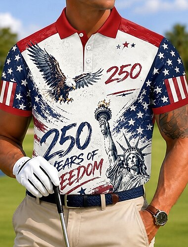  4 luglio 2026 250° Per uomo Bandiera Americana Golf Polo Sportivi Manica Corta Magliette polo Camicie con Colletto Casual Athleisure Stampa 3D Bottoni Tessuto retato traspirante Estate Primavera Blu