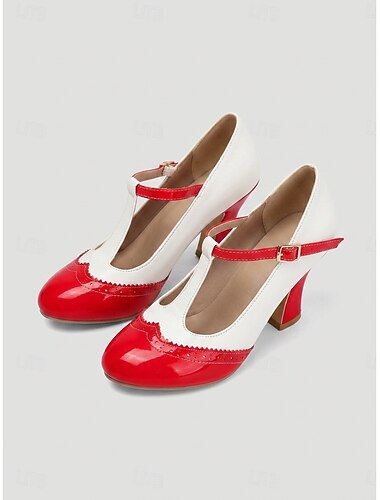  Damesko i vintage-stil fra 1950-tallet med Mary Jane-hæler – tofargede svarte og hvite T-stroppsko med brogue-vingetupp til retro-temafest